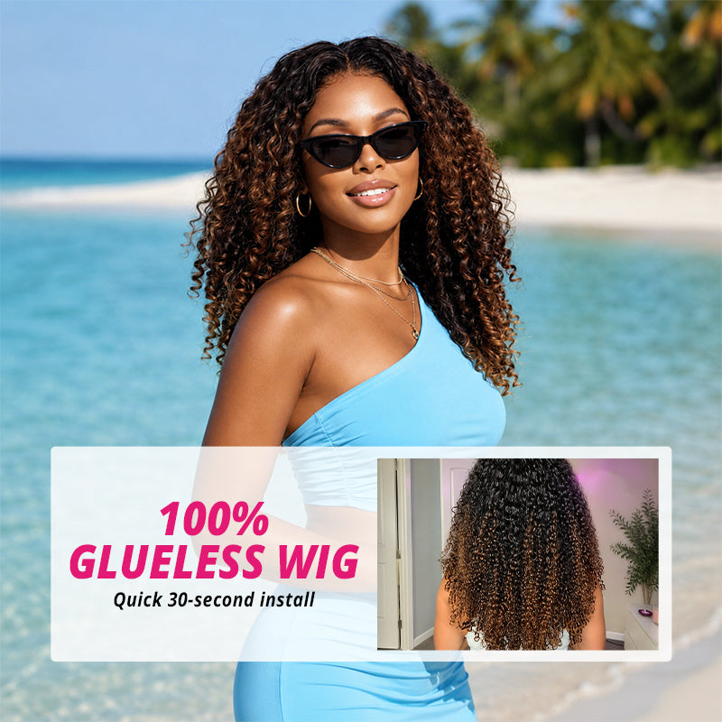 250% Density Black to Chestnut Brown Ombre Burmese Curly Glueless Wig With Finger Coil Ends All Day Comfort 100% Human Hair Wig - AlloveHair