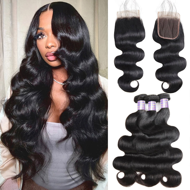 15A Raw Body Wave Hair Bundles with Closure Brazilian Human Hair 3 Bundles with 4x4 Lace Closure - AlloveHair