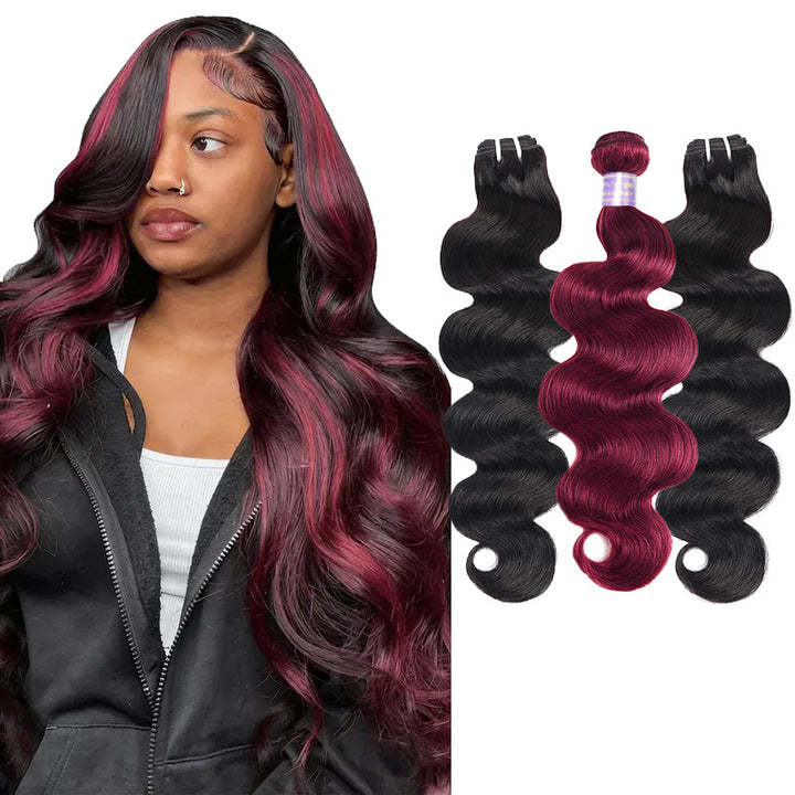 1B/99J Body Wave Hair Bundles Peekaboo Highlights 15A Raw Human Hair Quick Weave For Sew In - AlloveHair