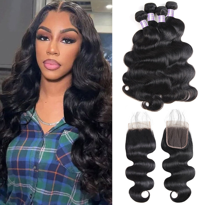 Malaysian Body Wave 4 Bundles with 4*4 Lace Closure Virgin Human Hair - AlloveHair