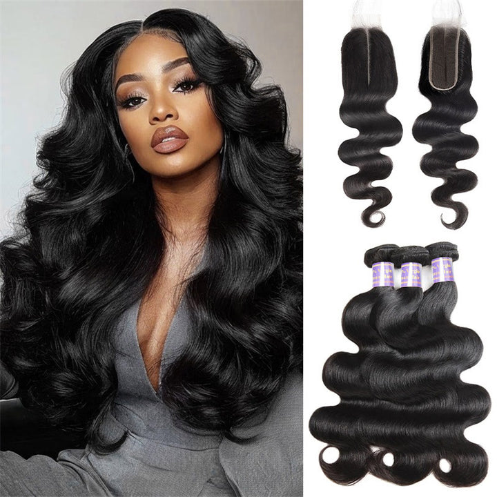 Allove 15A Raw Brazilian Body Wave Hair 3 Bundles With 2x6 Lace Closure Human Hair Bundles With Closure - AlloveHair