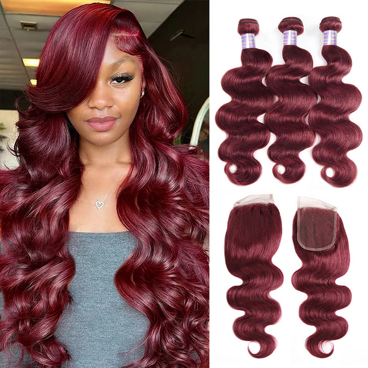 99J Burgundy Color Brazilian Body Wave Hair 3 Bundles With 4x4 Closure Human Hair Bundles - AlloveHair