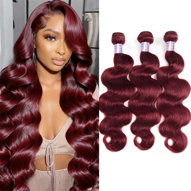 99J Burgundy Body Wave Human Hair 1 3 4 Bundles Unprocessed Wine Red Colored Human Hair Extensions - AlloveHair