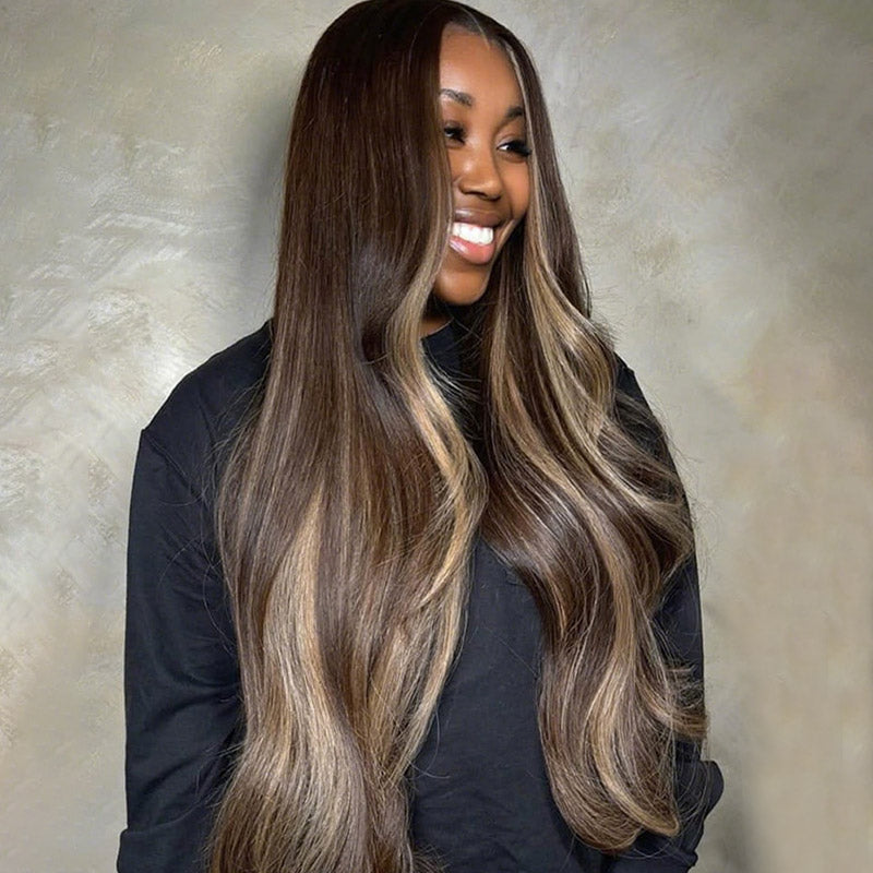 200% Density Brown Highlights Blonde Body Wave Wig 13x4 13x6 HD Lace Front Wigs Pre-Plucked 30 Inch Long Wigs - AlloveHair