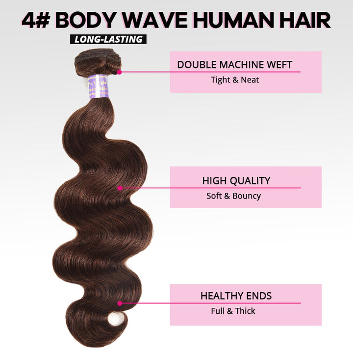 #4 Brown Bundles with Closure Body Wave Human Hair Bundles with 2x6 Lace Closure Sew In Weave Hair Extensions - AlloveHair