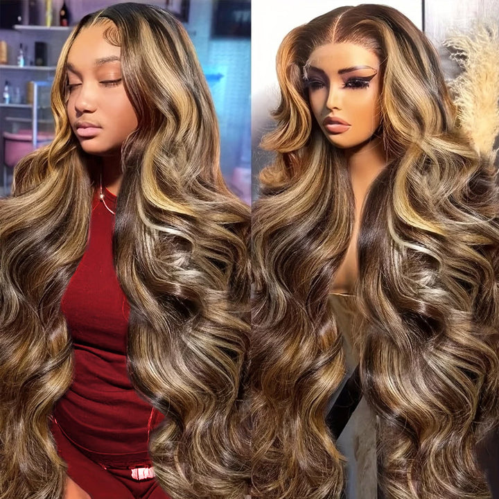 [28'' = $165.99 - No Code Needed] Highlight Piano Color Glueless 13*6 Lace Front Wig 180% Density Body Wave Human Hair - AlloveHair