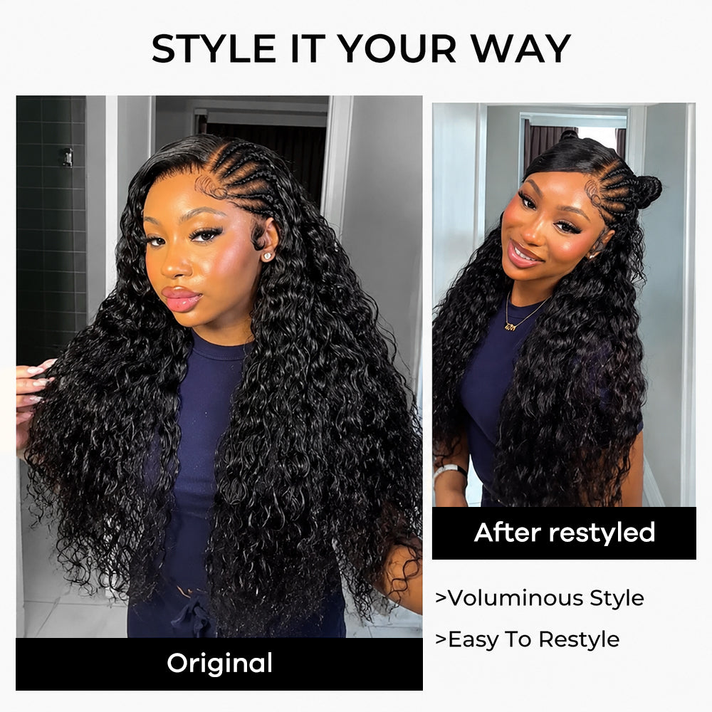 30 32 Inch Side Part Pre-Braided Water Wave 13x4 13x6 HD Lace Frontal Ready To Go Wigs 250% Density - AlloveHair