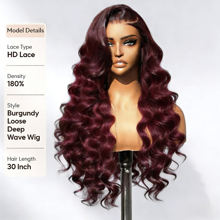 32 Inch 200 Density 99J Burgundy 13x6 Lace Front Wigs Loose Deep Wave Ready To Wear Colored Glueless Wigs - AlloveHair