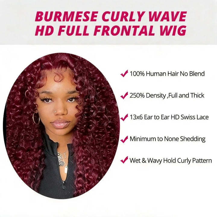 30 Inch Burmese Curly Hair Wear Go Glueless Wig 99J Burgundy Color Pre Cut 7x6/13x6  Lace Front Wig - AlloveHair