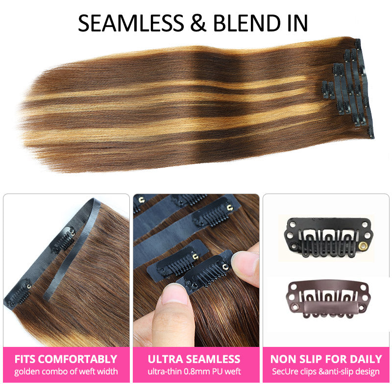 [Final Price - No Code Needed] P4/27 Highlight Brown Seamless PU Clip in Hair Extensions Silky Straight Human Hair Pieces 9Pcs / 7Pcs - AlloveHair