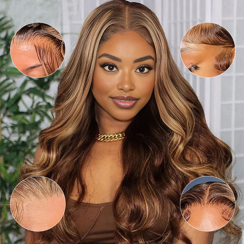 [28'' = $165.99 - No Code Needed] Highlight Piano Color Glueless 13*6 Lace Front Wig 180% Density Body Wave Human Hair - AlloveHair