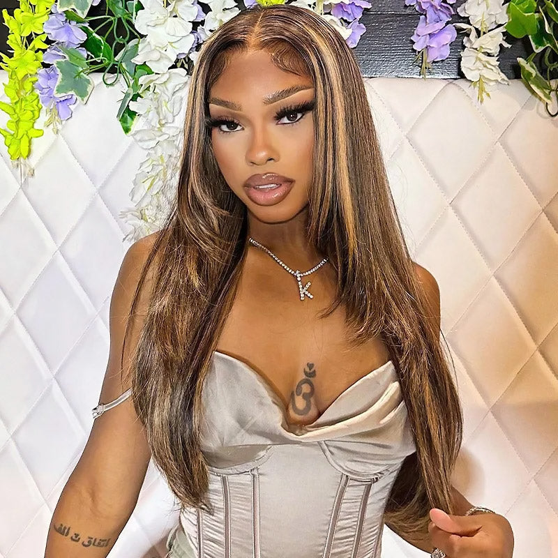 Allove Layered Cut #4/27 Highlight Straight Human Hair Wigs Pre Plucked 13x4 HD Lace Front Wig - AlloveHair