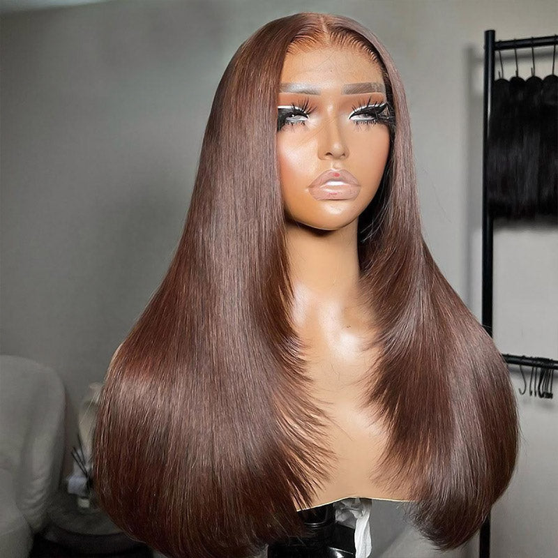 #4 Chocolate Brown Layered Cut Straight Wigs 13x4/5x5 HD Lace Front Human Hair Wigs - AlloveHair