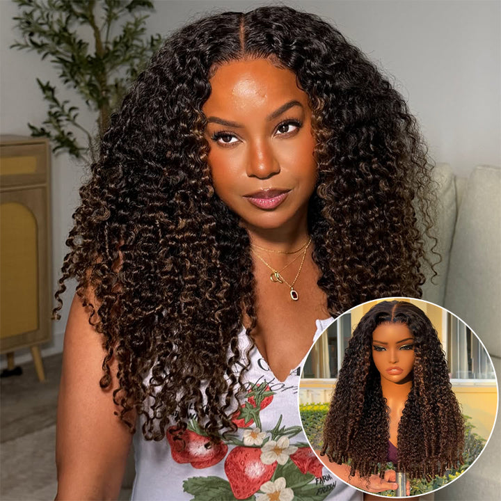 250% Density Black to Chestnut Brown Ombre Burmese Curly Glueless Wig With Finger Coil Ends All Day Comfort 100% Human Hair Wig - AlloveHair
