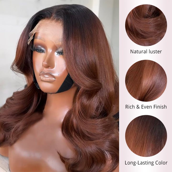 Ombre Brown Short Human Hair Body Wave HD Lace Front Wigs for Women Pre Plucked 200% Density Colored Wigs - AlloveHair