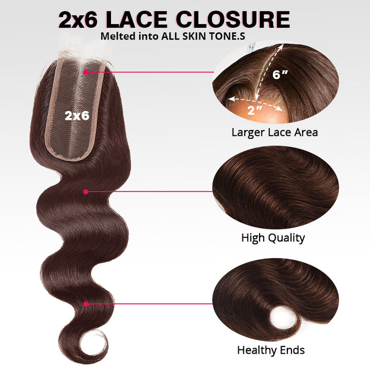 #4 Brown Bundles with Closure Body Wave Human Hair Bundles with 2x6 Lace Closure Sew In Weave Hair Extensions - AlloveHair