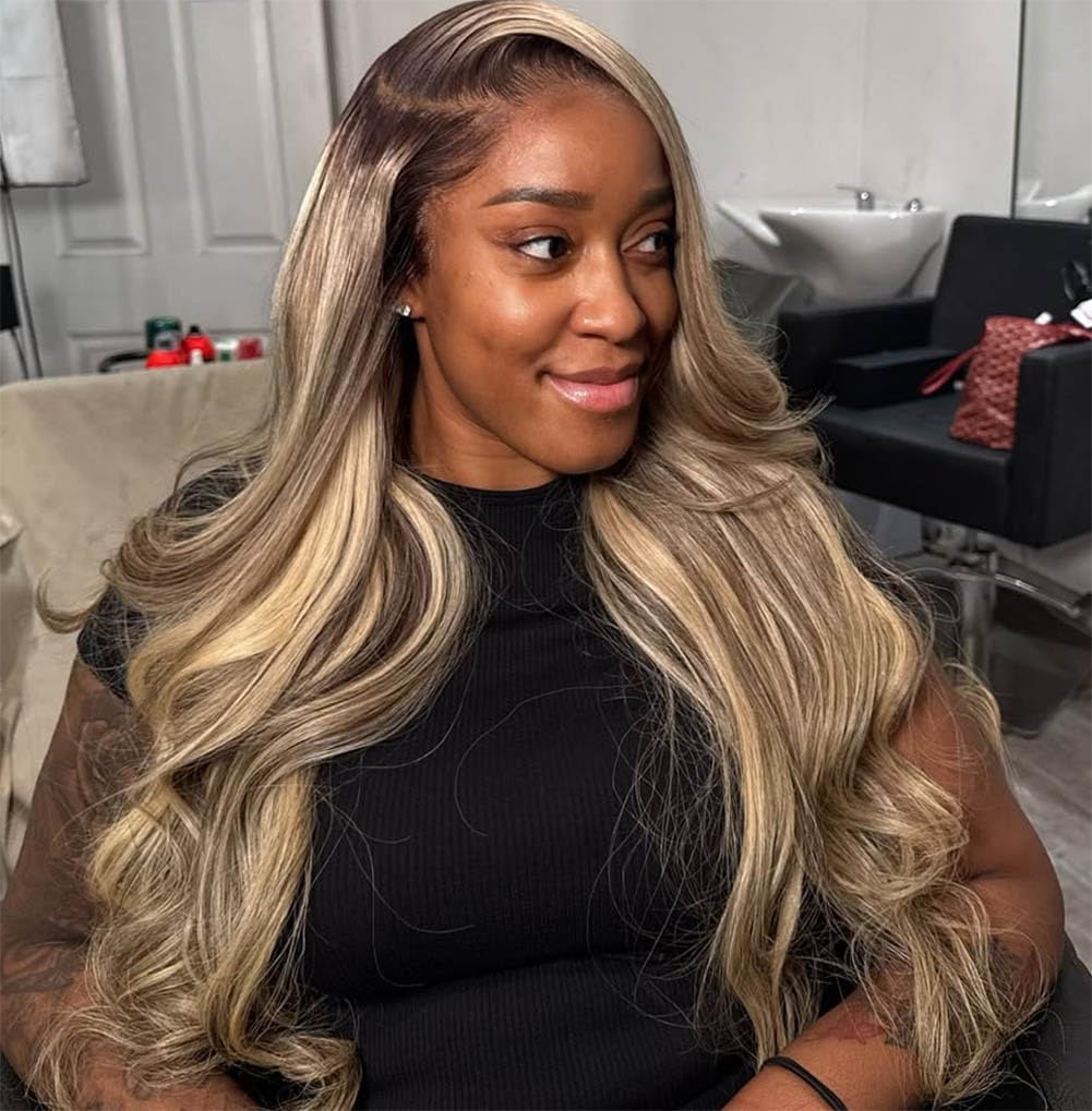 200% Density Ombre Milk Tea Ash Blonde with Brown Highlights 13x6 Lace Front Wig Human Hair - AlloveHair