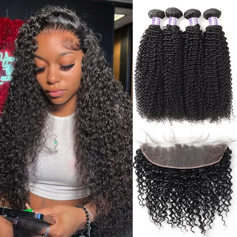 Brazilian Kinky Curly Wave 4 Bundles with 13*4 Lace Frontal Closure - AlloveHair