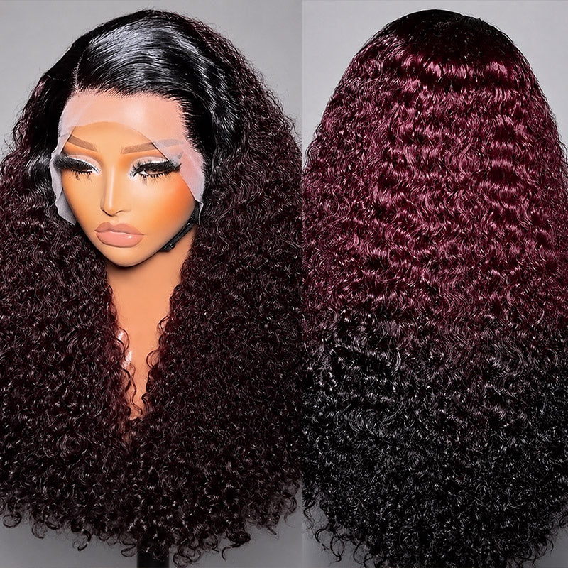 200% Density Ombre 99J Burgundy Curly Wigs Super Double Drawn Virgin Human Hair HD Lace Wigs Salon Quality - AlloveHair