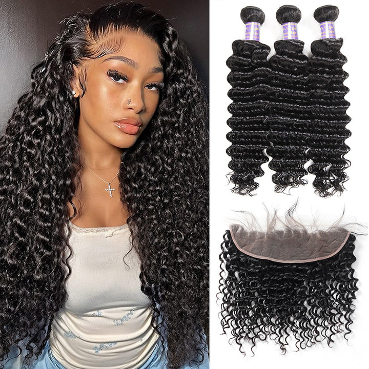 Indian Deep Wave 3 Bundles with 13*4 Lace Frontal Virgin Human Hair - AlloveHair
