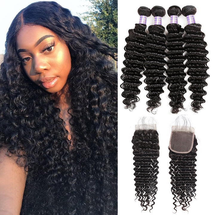 Peruvian Deep Wave 4 Bundles with 4*4 Lace Closure Virgin Human Hair - AlloveHair