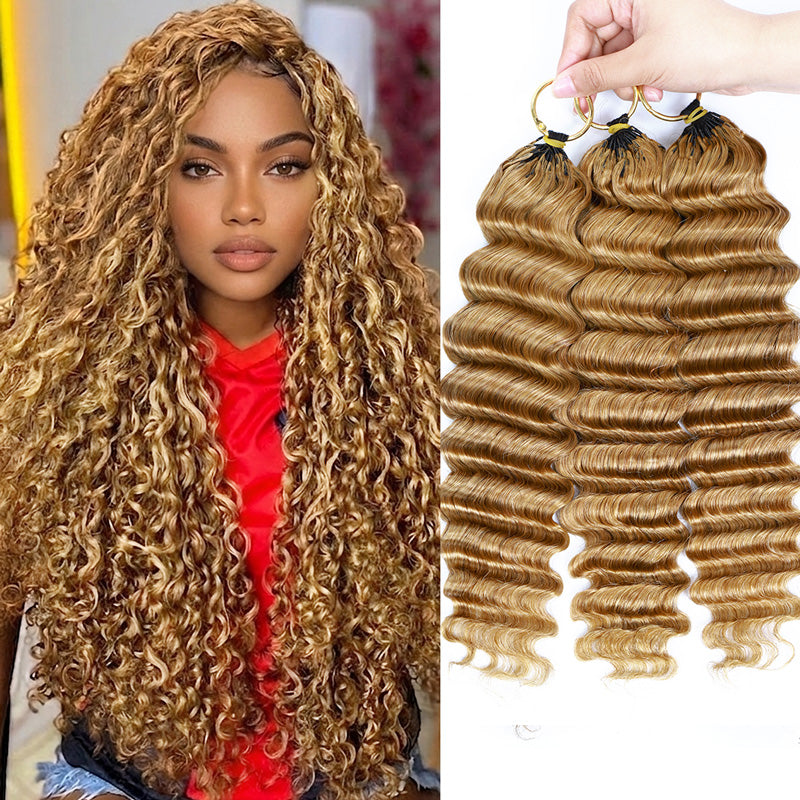 Seamless Deep Wave Crochet Hair #27 Honey Blonde Machine Made Feather Crochet Human Hair Extension - AlloveHair