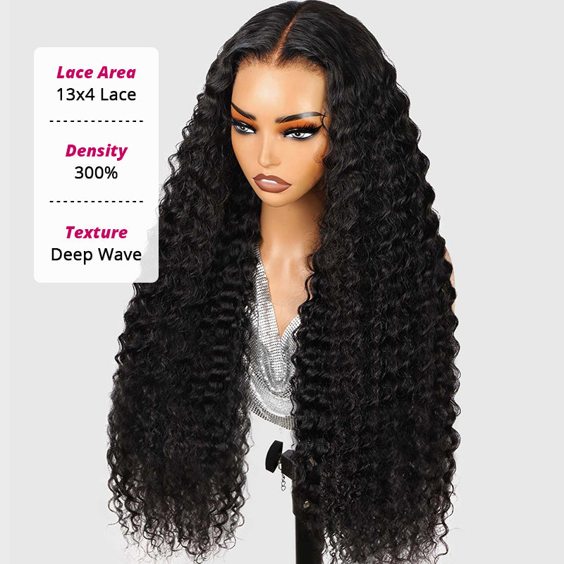 300% Density Deep Wave Wig Pre Bleached Knots Glueless 13x4 HD Lace Front Wig With Elastic Drawstring Wear Go Wig - AlloveHair