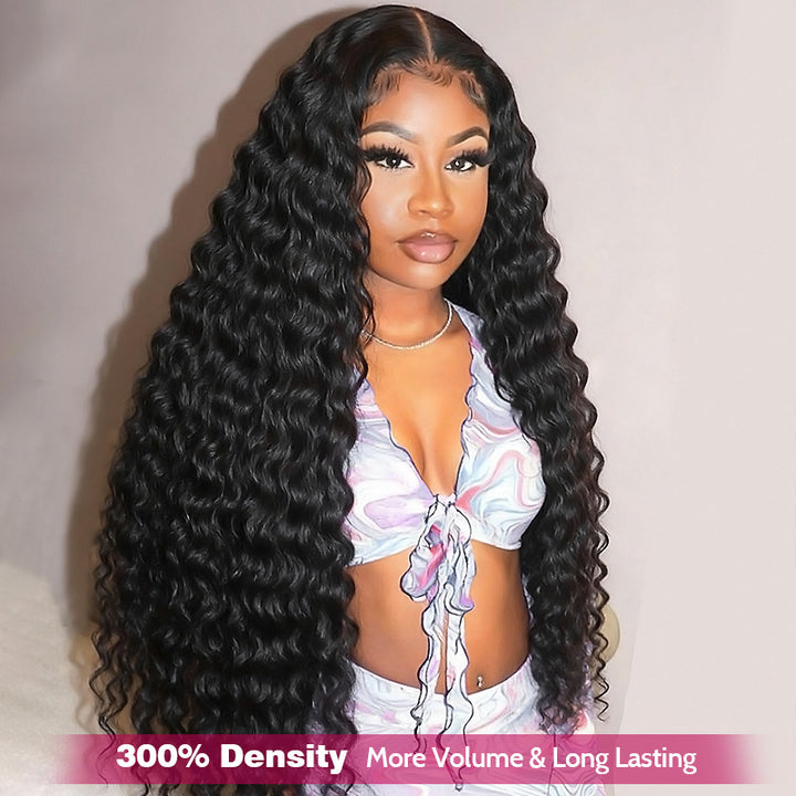 300% Density Deep Wave Wig Pre Bleached Knots Glueless 13x4 HD Lace Front Wig With Elastic Drawstring Wear Go Wig - AlloveHair
