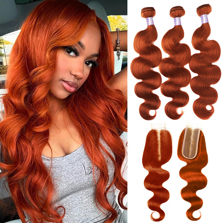 #350 Ginger Orange Bundles with 2x6 Lace Closure Virgin Body Wave Human Hair 3 Bundles with HD Lace Closure - AlloveHair