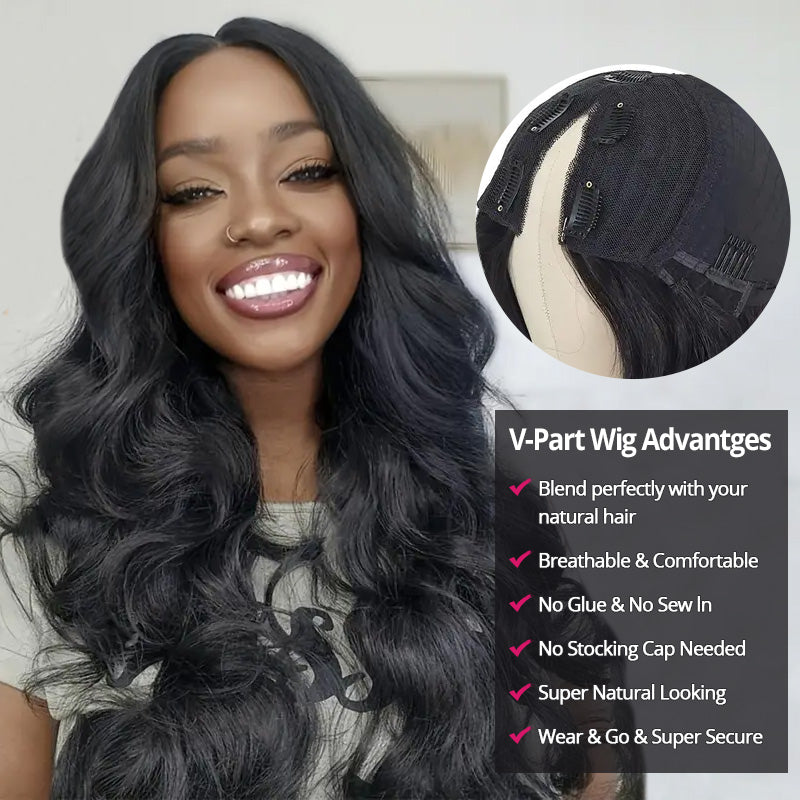 Easy Install V Part Wig Body Wave Glueless Wig with Adjustable Drawstring Protective Style - AlloveHair