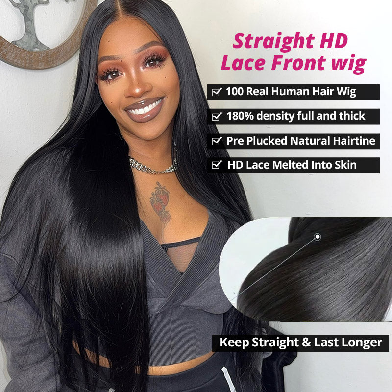 [30'' = $165.99 - No Code Needed] 13x6 HD Lace Front Wig Virgin Straight Human Hair Ready to Go Glueless Wig - AlloveHair