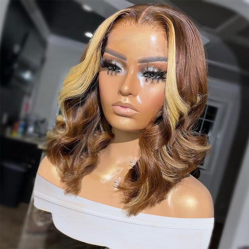 Brown With Blonde Highlight Body Wave Lace Front Wigs Human Hair 200% Density Short Wigs for Black Women - AlloveHair