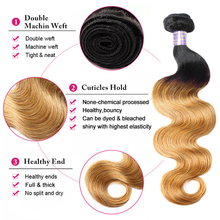 Ombre 1B/27 Body Wave 3 Bundles with 4x4 5x5 HD Lace Closure Pre Colored 100% Virgin Human Hair - AlloveHair