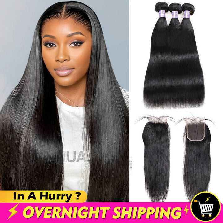 Overnight Shipping Allove Human Hair Extensions Next Day Delivery Straight Hair/Body Wave/Deep Wave 3 Bundles With 4*4 Lace Closure - AlloveHair