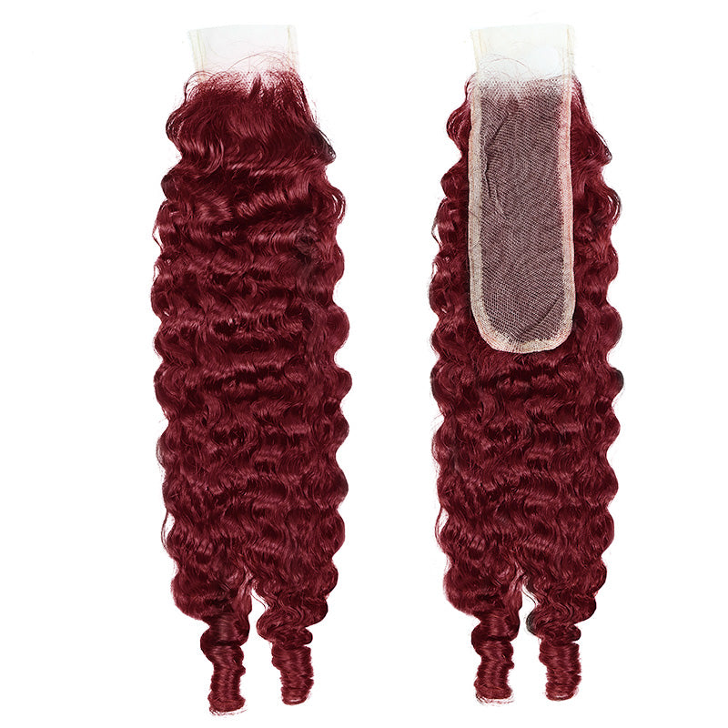 99J Burgundy Burmese Curly Human Hair Bundles with 2x6 Deep Part Lace Closure Virgin Hair Quick Weave - AlloveHair