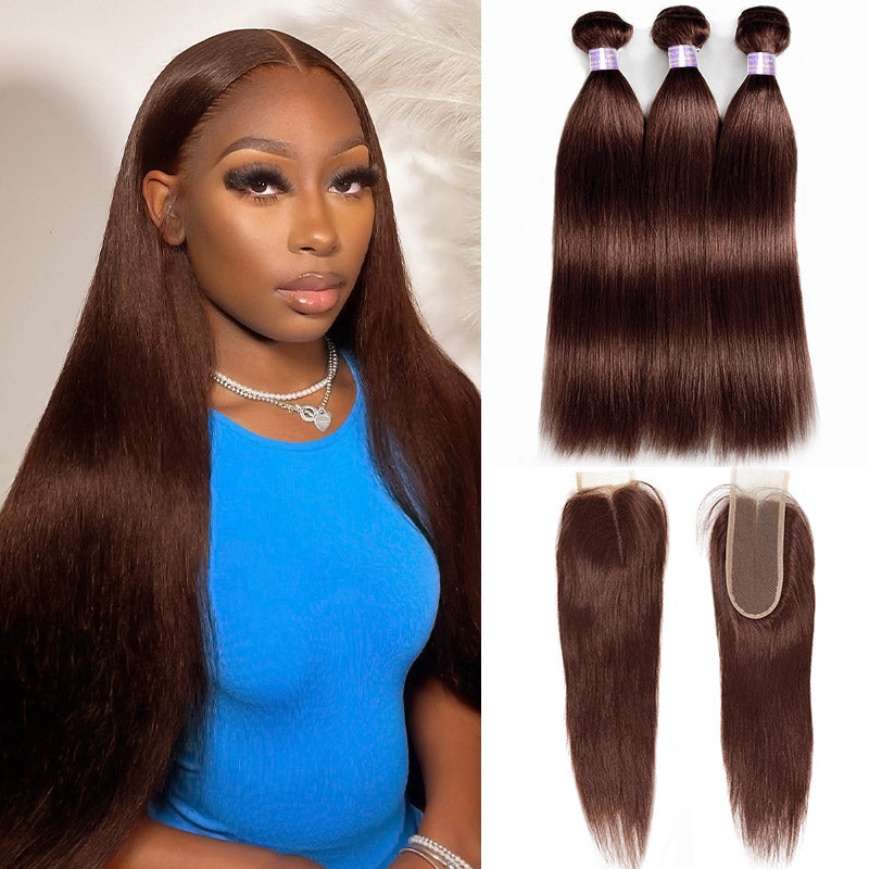 Brown Colored Hair Bundles with 2x6 Lace Closure Straight Human Hair 3 Bundles with Lace Closure - AlloveHair