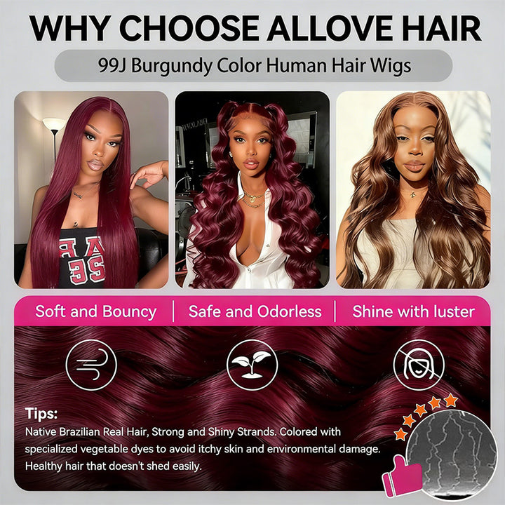 200% Density 99J Burgundy Color Straight And Body Wave 5*5 Glueless Wigs for Beginners Wine Red Wigs - AlloveHair