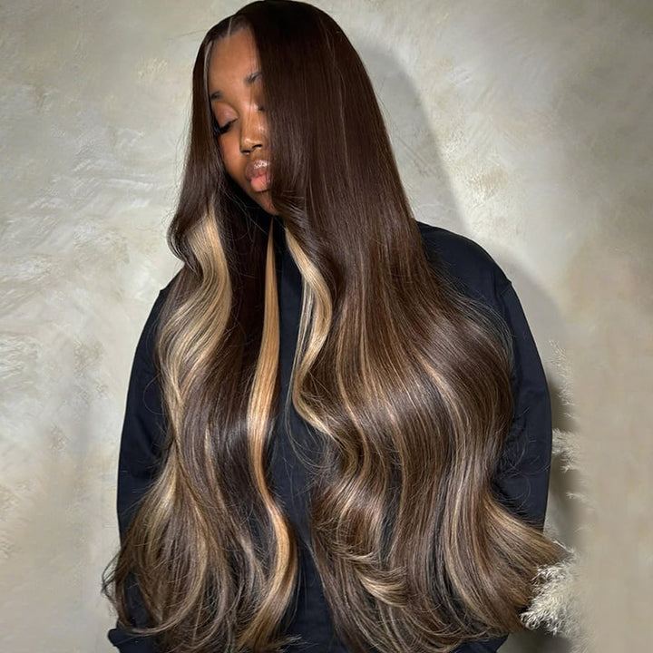 200% Density Brown Highlights Blonde Body Wave Wig 13x4 13x6 HD Lace Front Wigs Pre-Plucked 30 Inch Long Wigs - AlloveHair