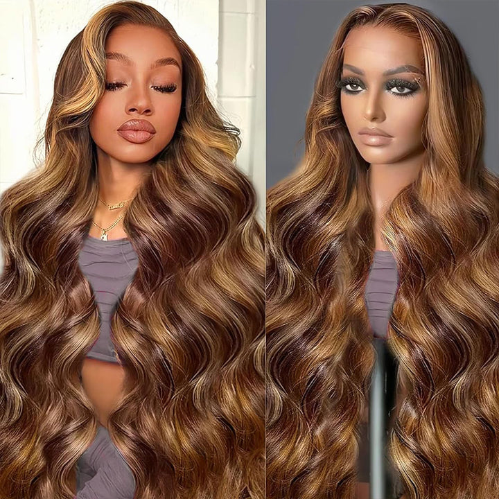Highlights Piano Color #4/27 Straight And Body Wave 5*5 Glueless Ready To Go Wig 200% Density Thick Hair - AlloveHair