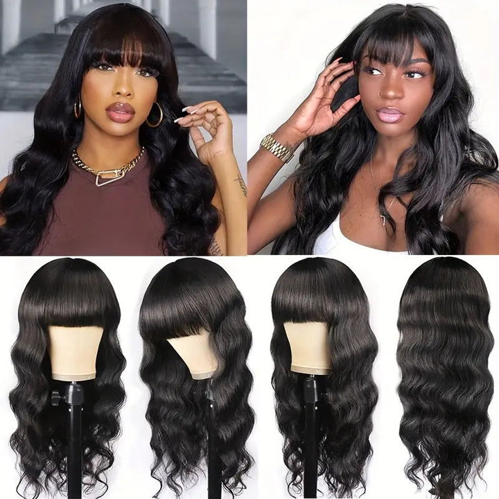 Allove Hair Machine Made Wigs Brazilian Body Wave Human Hair Wig With Free Part Bangs