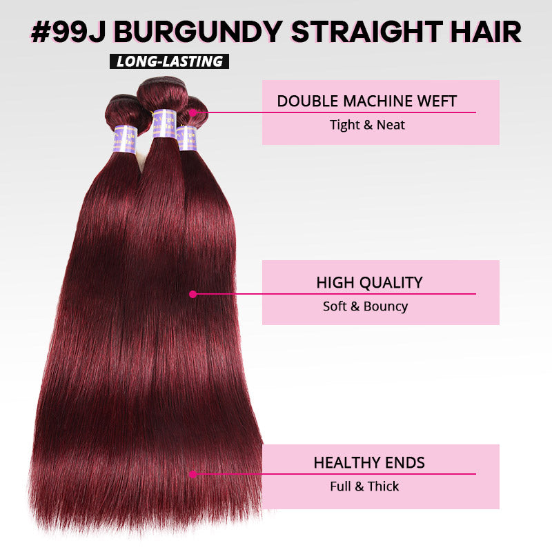 99J Straight Hair Bundles With 2x6 Lace Closure Burgundy Red Colored Human Hair Weave for Sew In - AlloveHair