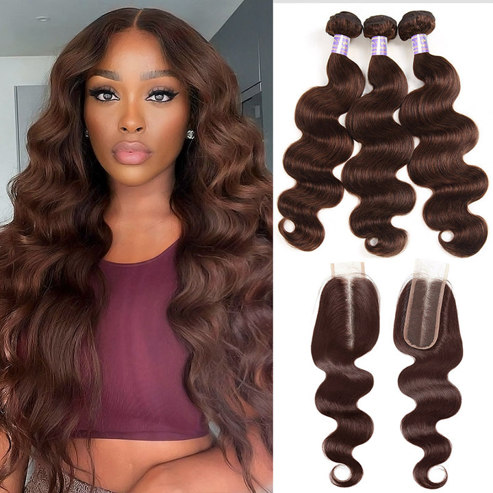 #4 Brown Bundles with Closure Body Wave Human Hair Bundles with 2x6 Lace Closure Sew In Weave Hair Extensions - AlloveHair
