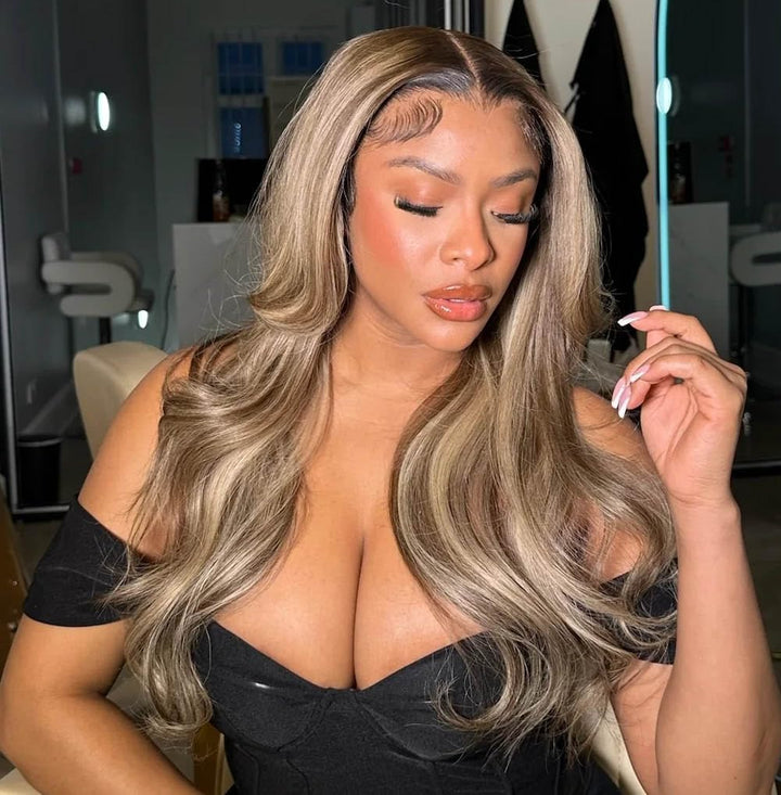200% Density Ombre Milk Tea Ash Blonde with Brown Highlights 13x6 Lace Front Wig Human Hair - AlloveHair