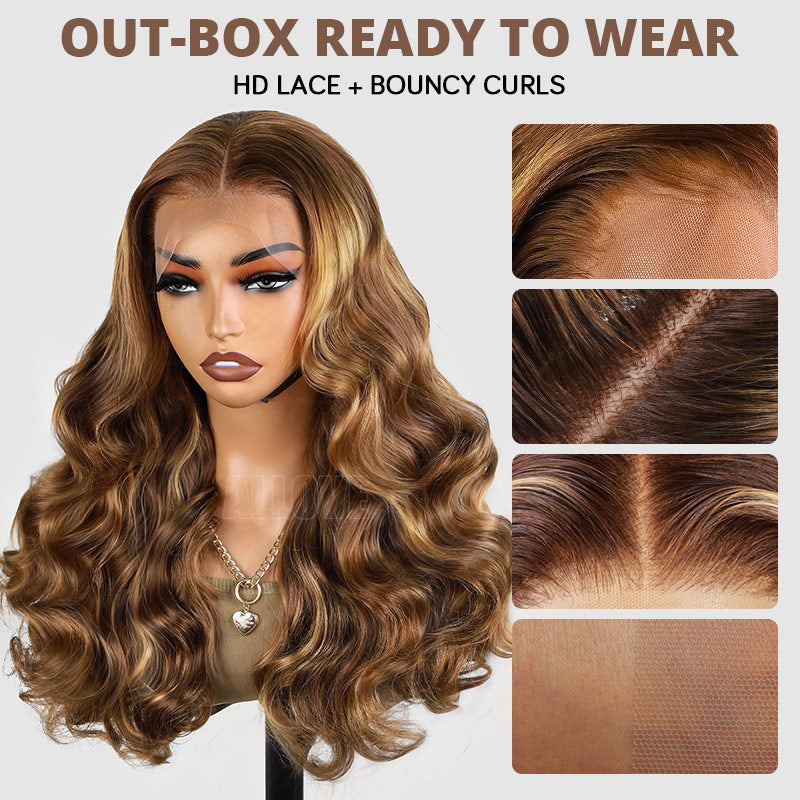 350% Density Balayage Highlight Wigs Salon Quality Bouncy Wavy 13x4 HD Lace Front Wigs for Black Woman - AlloveHair