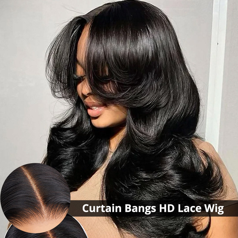 Face-Framing Curtain Bangs Body Wave Wig Glueless Ready To Go Wig 180% Density - AlloveHair