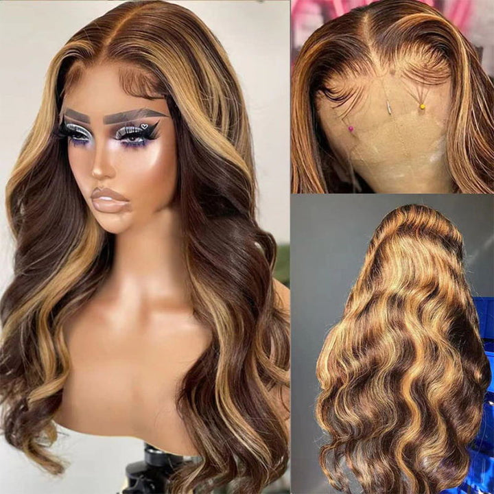 Highlight Wig 13x4 Honey Blonde Ombre Colored Body Wave Lace Front Wig With 3 Cap Sizes