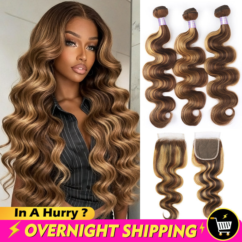 Overnight Shipping Honey Blonde Body Wave Allove Human Hair Extensions Next Day Delivery 3 Bundles With 4*4 Lace Closure - AlloveHair