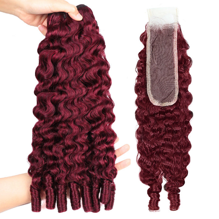 99J Burgundy Burmese Curly Human Hair Bundles with 2x6 Deep Part Lace Closure Virgin Hair Quick Weave - AlloveHair