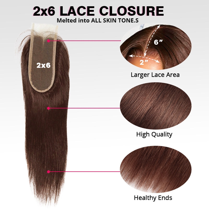 Brown Colored Hair Bundles with 2x6 Lace Closure Straight Human Hair 3 Bundles with Lace Closure - AlloveHair