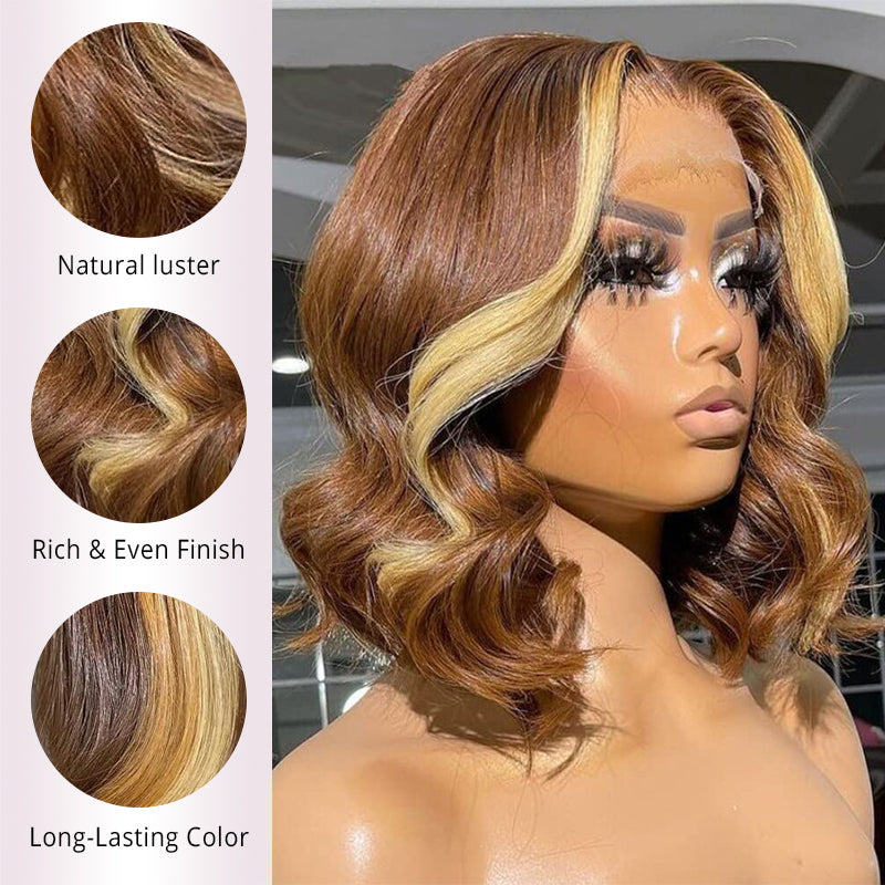 Brown With Blonde Highlight Body Wave Lace Front Wigs Human Hair 200% Density Short Wigs for Black Women - AlloveHair